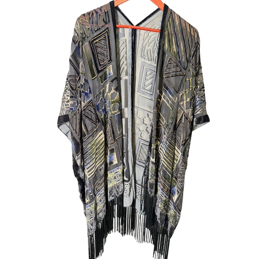 Flair Silk Blend Velvet Burnout Kimono Fringe Geometric Grey Gold Wrap OS